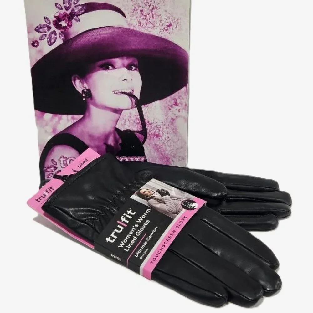 New BLACK TRU FIT WOMANS WARM LINED TOUCHSCREEN FAUX LEATHER GLOVES